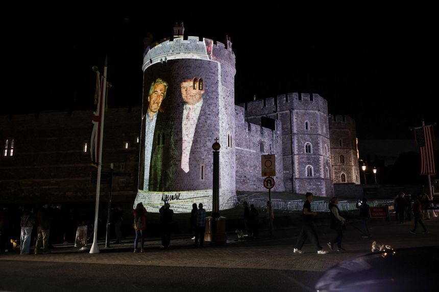 Activists projected an image of Trump and Epstein on Windsor Castle on Tuesday evening.