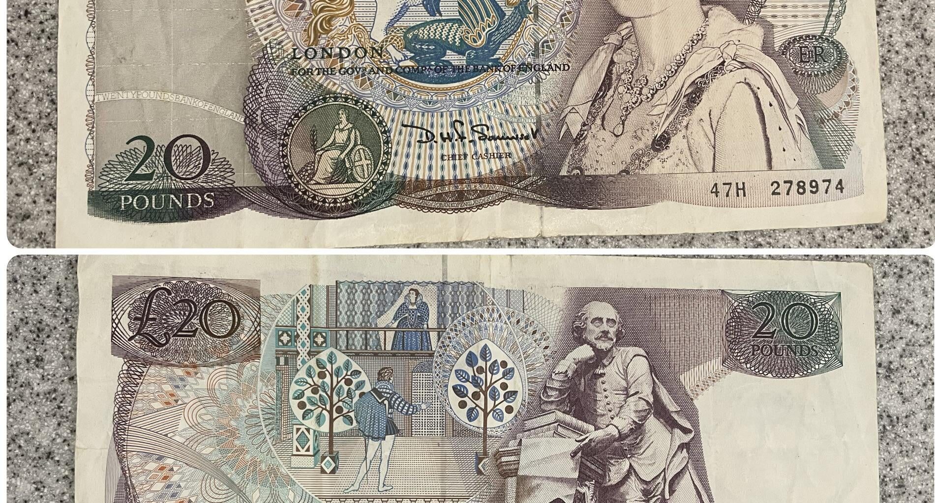 Now, THIS is an old £20 note! Series D, issued between 1970 and 1992. This is a later one, from between 1980 and 1988, when David Somerset was BoE Chief Cashier.