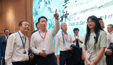 SK Group Chairman and Korea Chamber of Commerce and Industry Chairman Chey Tae-won, second from left, visits the Osaka Expo site in Japan on Sept. 15. [KOREA CHAMBER OF COMMERCE AND INDUSTRY]
