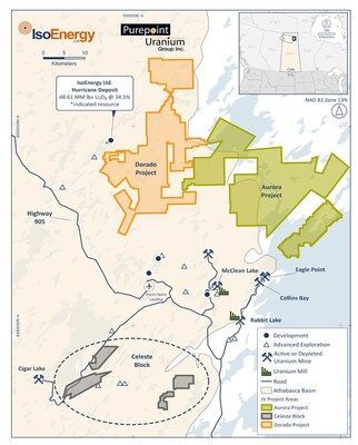 Figure 4: IsoEnergy and Purepoint Uranium Joint Venture including, Dorado Project, Aurora Project and Celeste Block. * See Qualified Person Statement below. (CNW Group/IsoEnergy Ltd.) Figure 4: IsoEnergy and Purepoint Uranium Joint Venture including, Dorado Project, Aurora Project and Celeste Block. * See Qualified Person Statement below. (CNW Group/IsoEnergy Ltd.)
