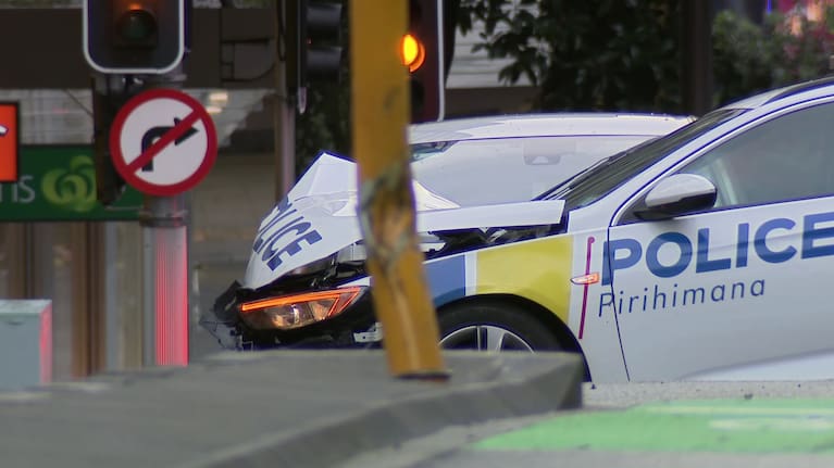 A damaged police car at the scene of the crash in Auckland's CBD. 