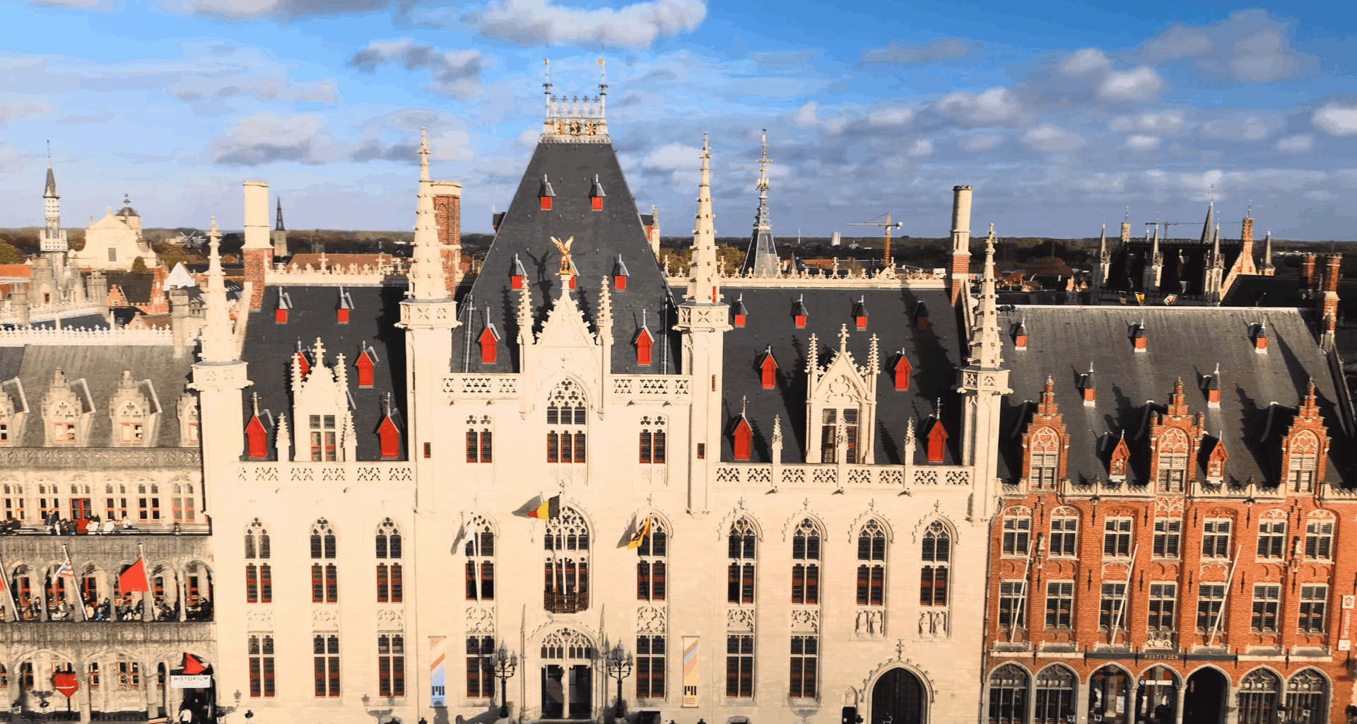 Droneshot of the Provincial Court in Bruges, Belgium above Grote Markt