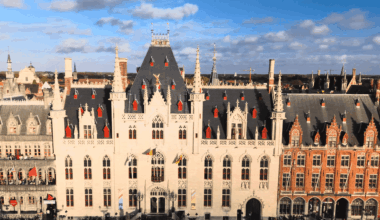 Droneshot of the Provincial Court in Bruges, Belgium above Grote Markt