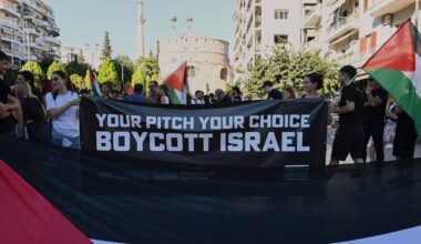 Pro-Palestinian protesters in Greece ahead of the PAOK and Maccabi Tel Aviv Europa League match on Wednesday. Pic: AP