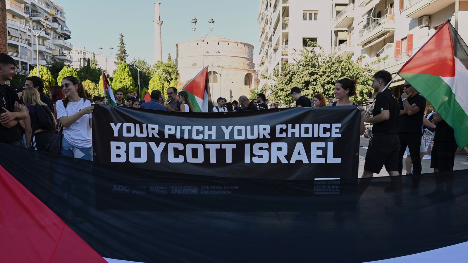 Pro-Palestinian protesters in Greece ahead of the PAOK and Maccabi Tel Aviv Europa League match on Wednesday. Pic: AP