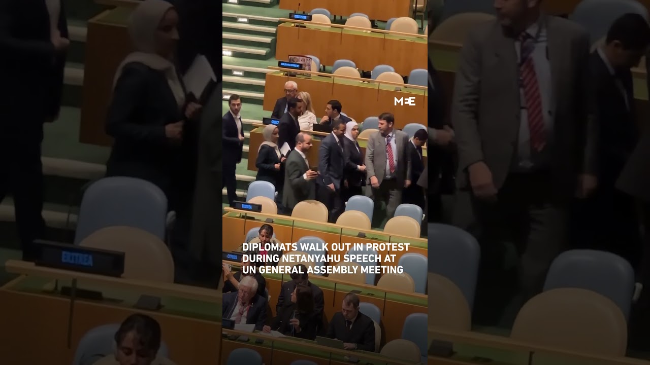 UN delegates walk out during Netanyahu’s speech at UN meeting