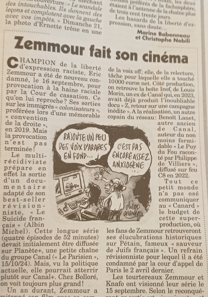 Zemmour fait son cinéma (le canard enchaîné 24/09/25)