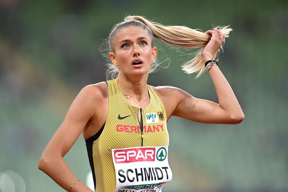 MUNICH, GERMANY - AUGUST 15: Alica Schmidt of Germany reacts after the Athletics - Women's 400m Round 1 - Heat 3 on day 5 of the European Championships Munich 2022 at Olympiapark on August 15, 2022 in Munich, Germany. (Photo by Matthias Hangst/Getty Images)