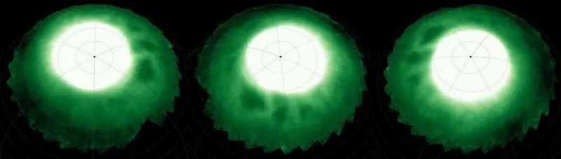 Montage of stills from animation showing the dark, bead-like features embedded in bright auroral halos as Saturn rotates beneath JWST’s view. (CREDIT: NASA / ESA / CSA / Stallard et al 2025)