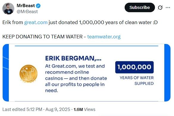 Mr Beast announcing Bergman's donation on X.