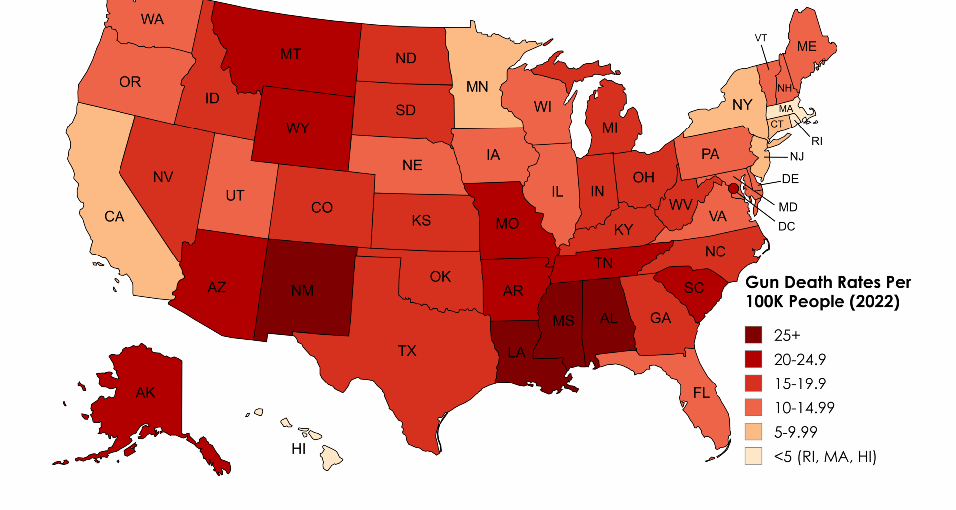 [OC] Gun Death Rates Per 100K People (2022)