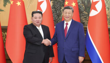 Chinese President Xi Jinping, right, poses for photos with North Korean leader Kim Jong-un at the Great Hall of the People in Beijing, China on Sept. 4. [AP/YONHAP]
