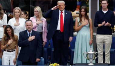 Donald Trump arrives at US Open men’s final to cheers and boos after broadcasters asked not to show reactions