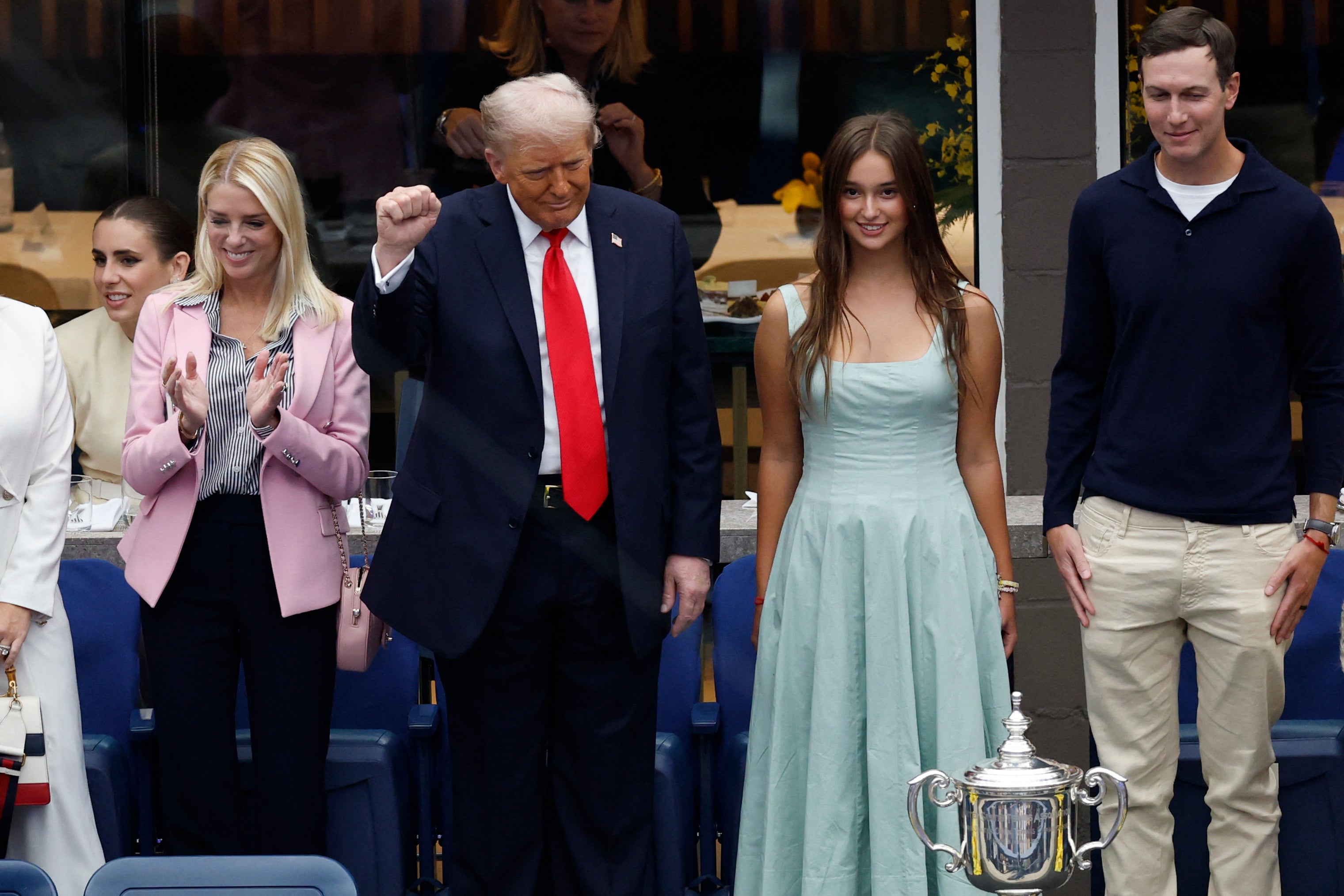 Trump was joined by his son-in-law Jared Kushner (far right) and granddaughter Arabella (right), as well as other members of his administration including U.S. Attorney General Pam Bondi (left)