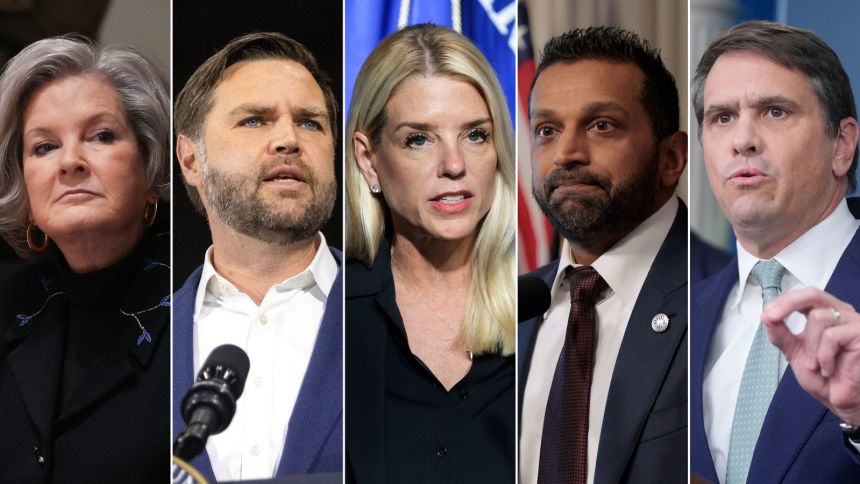 From left: White House chief of staff Susie Wiles, Vice President JD Vance, Attorney General Pam Bondi, FBI Director Kash Patel and Deputy Attorney General Todd Blanche.