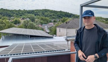 Victor Nistorica, CEO of Brutăria Bardar, with his company’s solar panels. Investing in rooftop solar has helped drive down electricity costs for the bakery and support expansion and export.