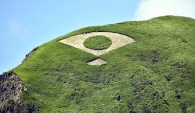 Fan shape shaved on mountain slope in Japan to honor agricultural ritual
