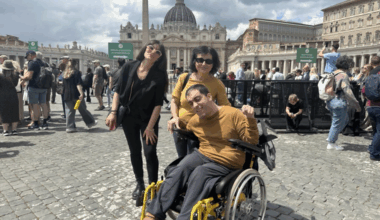 Italian Davide Andreoli and his family visit St. Peter's Square for the Jubilee of People with Disabilities, Monday, April 28, 2025.