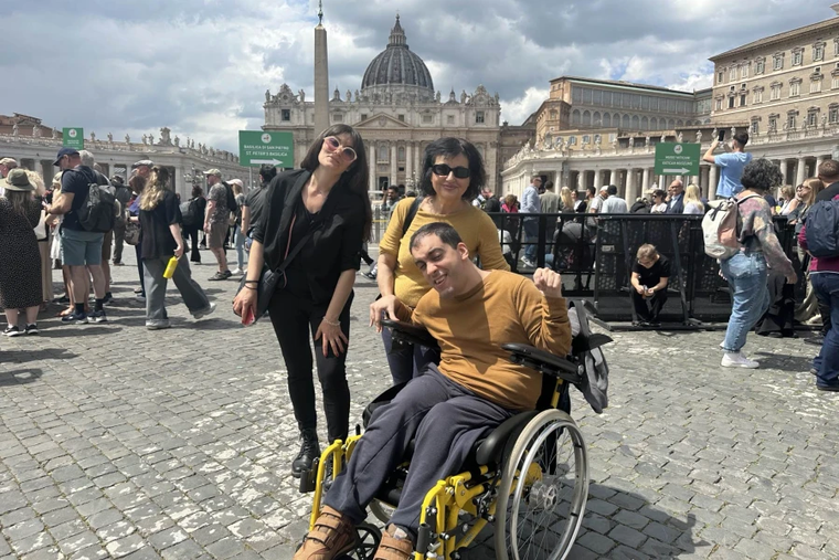 Italian Davide Andreoli and his family visit St. Peter's Square for the Jubilee of People with Disabilities, Monday, April 28, 2025.