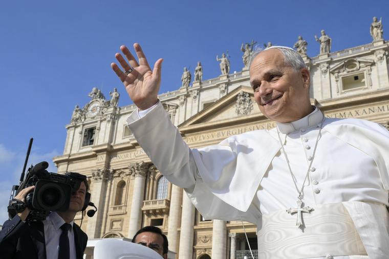 Pope Leo XIV greets the crowd at his Sept. 17, 2025, general audience.