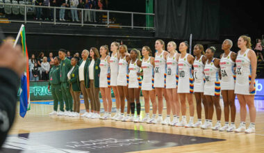 South Africa line up for the national anthem ahead of the first international test against New Zealand. A dominant Silver Ferns beat the Spar Proteas 77-51 to lead the three-test series 1-0 at the Eventfinda Stadium in Auckland, New Zealand, on Sunday, 21 September 2025. All Photos: Netball New Zealand