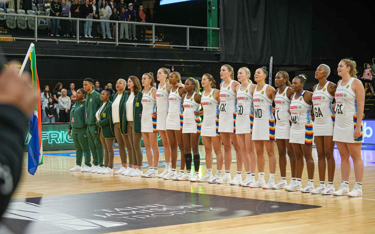 South Africa line up for the national anthem ahead of the first international test against New Zealand. A dominant Silver Ferns beat the Spar Proteas 77-51 to lead the three-test series 1-0 at the Eventfinda Stadium in Auckland, New Zealand, on Sunday, 21 September 2025. All Photos: Netball New Zealand