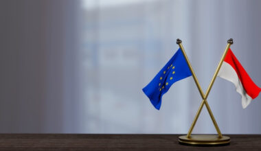 An illustration of Indonesian and European Union flags on a table