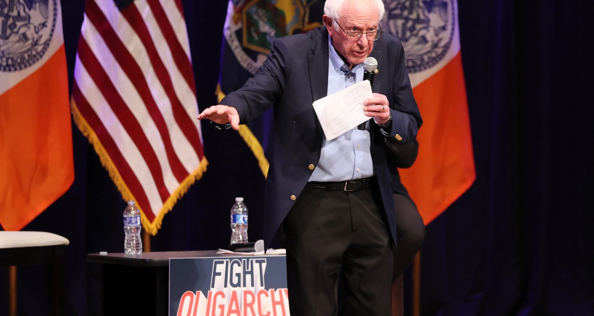 Sen. Bernie Sanders speaks during the Fighting Oligarchy town hall on September 6, 2025 in New York City. Zohran Mamdani joined Sanders at his New York town hall after marching with union members in Manhattan’s Labor Day parade.