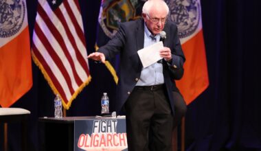 Sen. Bernie Sanders speaks during the Fighting Oligarchy town hall on September 6, 2025 in New York City. Zohran Mamdani joined Sanders at his New York town hall after marching with union members in Manhattan’s Labor Day parade.