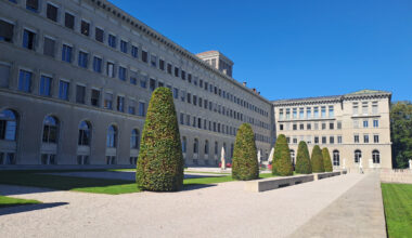 The back garden of the World Trade Organization headquarters in Geneva, Switzerland, is seen empty on Sept. 15 next to Lake Geneva ahead of the WTO Public Forum.