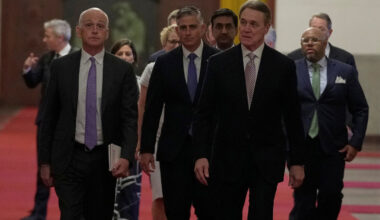 Rep. Adam Smith, (D-WA), leads a bipartisan group of US lawmakers including Chrissy Houlahan, Democratic member of House Armed Services Committee, Michael Baumgartner, Republican member of House Foreign Affairs Committee, Ro Khanna, Democratic member of House Armed Services Committee and David Perdue, US Ambassador to China for a meeting with Chinese Premier Li Qiang at the Great Hall of the People  in Beijing on Sept. 21, 2025.