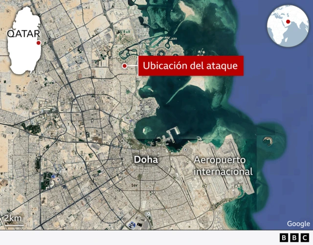Mapa aéreo de Doha muestra el sitio donde ocurrió el ataque.