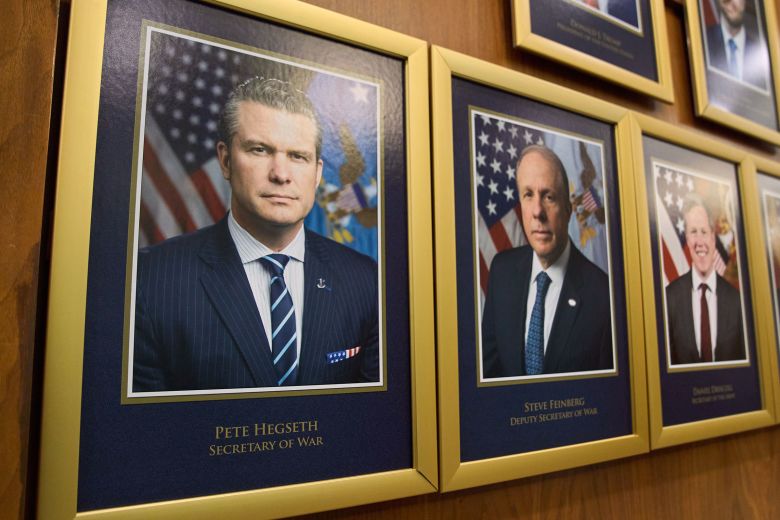 Department leadership portraits displayed in the Pentagon after President Donald Trump signed an executive order aiming to rename the Department of Defense the 