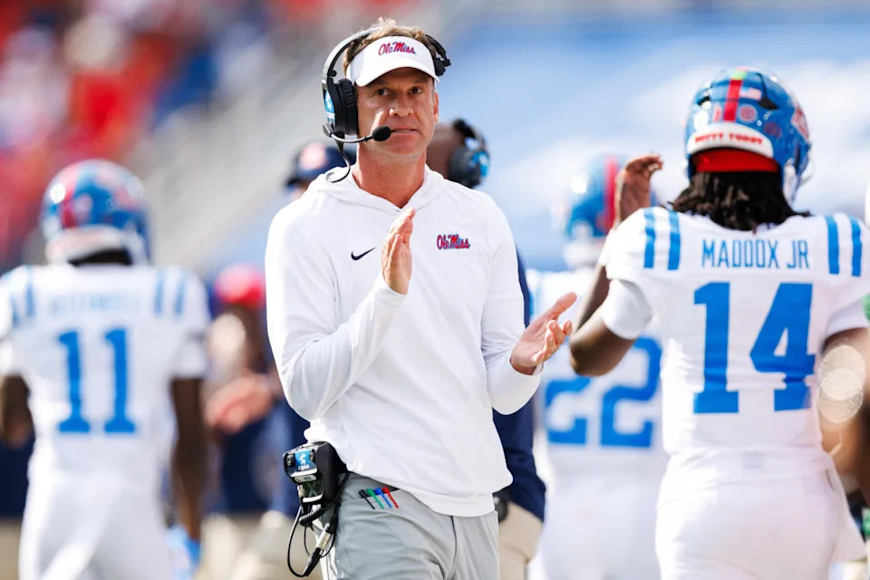 Sep 6, 2025; Lexington, Kentucky, USA; Mississippi Rebels head coach Lane Kiffin reacts after a play during the second quarter against the Kentucky Wildcats at Kroger Field. Mandatory Credit: Jordan Prather-Imagn Images© Jordan Prather-Imagn Images