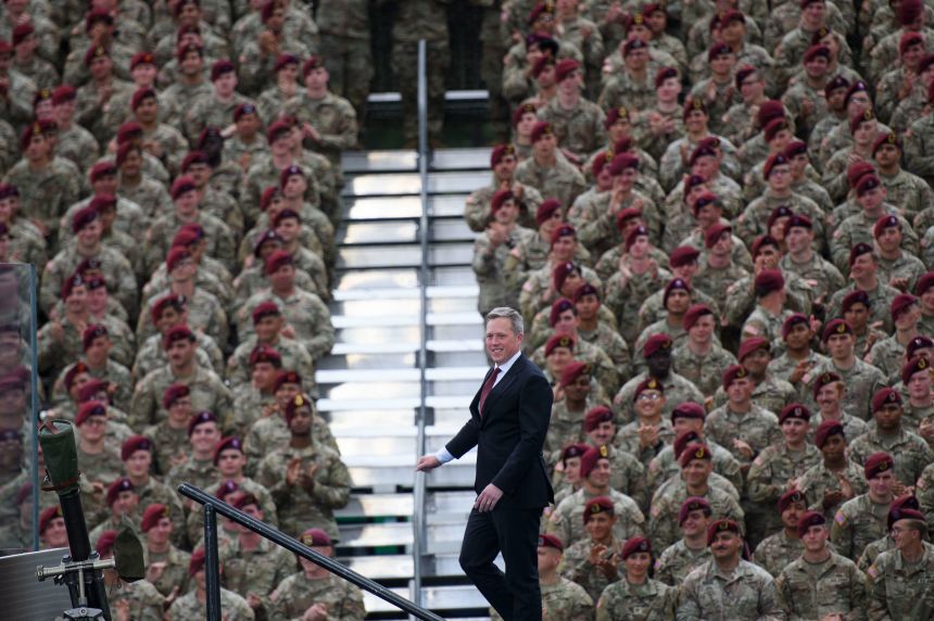 Secretary of the Army Dan Driscoll walks on stage during a celebration in honor of the 250th anniversary of the US Army at Fort Bragg, North Carolina, on June 10.