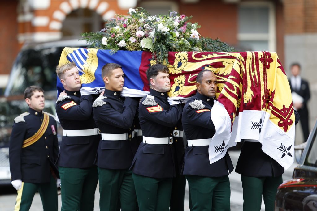 The Duchess of Kent's Coffin, borne by soldiers of The Royal Dragoon Guards of which the duchess was Deputy Colonel-in-Chief,  arrives at Westminster Cathedral ahead of her funeral tomorrow.