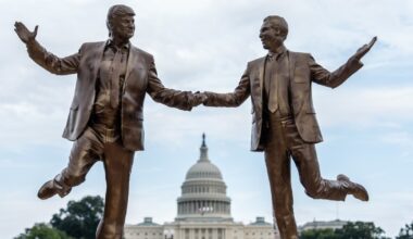Golden statue of Trump and Epstein broken in premature removal from National Mall