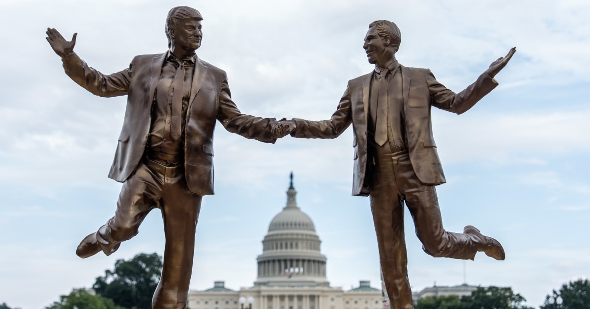 Golden statue of Trump and Epstein broken in premature removal from National Mall