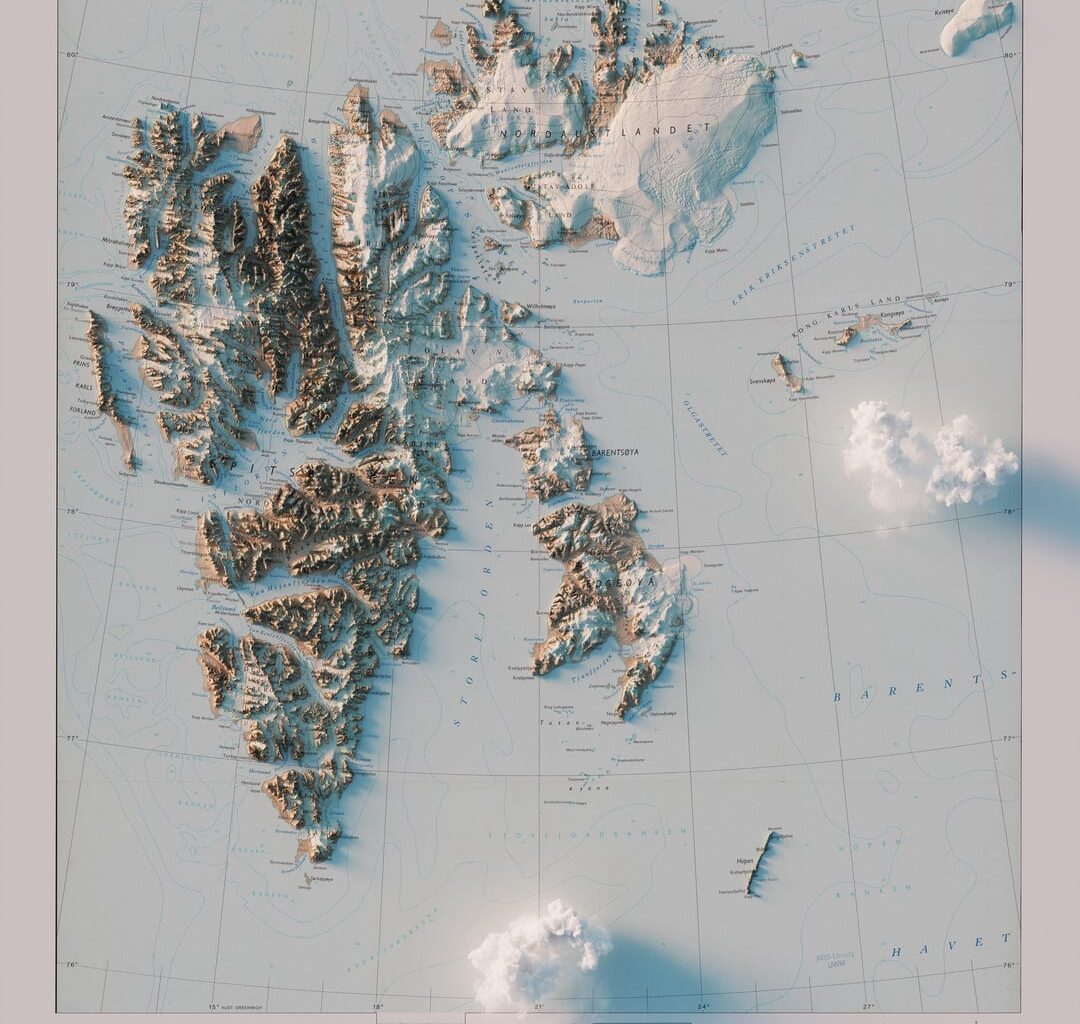 1980 Norsk Polarinstitutt map of Svalbard that I recently 3D rendered with modern elevation/terrain data