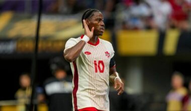 Canada forward Jonathan David (10) celebrates scoring a penalty goal.