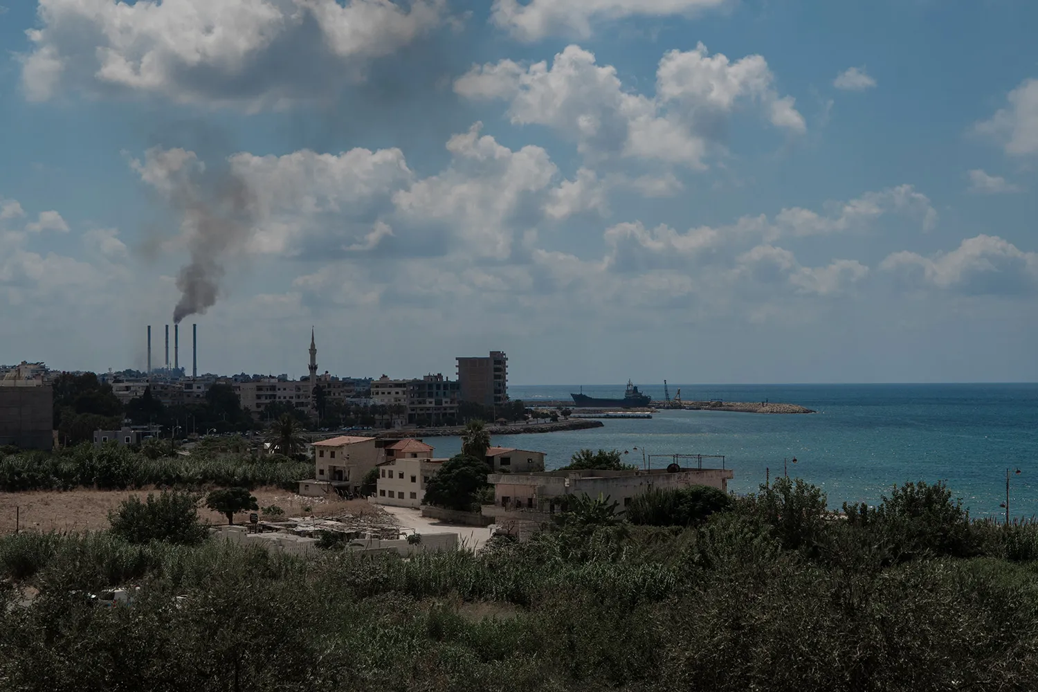 Smoke rises from towers at left, part of a skyline with the ocean at right, brush in the foreground, and white clouds in a blue sky above.