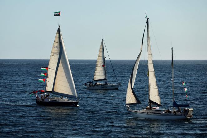 This photograph shows a flotilla departing for Gaza carrying humanitarian aid and activists vowing to try