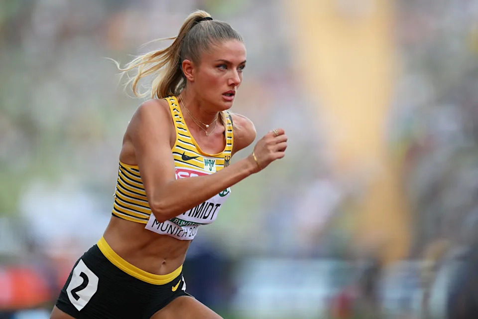 MUNICH, GERMANY - AUGUST 16: Alica Schmidt of Germany competes during the Women's 400m Semifinal 3 on day 6 of the European Championships Munich 2022 at Olympiapark on August 16, 2022 in Munich, Germany. (Photo by Matthias Hangst/Getty Images)