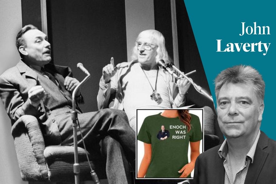Jimmy Savile interviews his friend Enoch Powell in the 1980s. Inset: ‘Enoch was right’ shirts are now a regular sight at anti-immigration rallies.