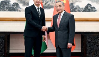 Chinese Foreign Minister Wang Yi, also a member of the Political Bureau of the Communist Party of China Central Committee, meets with Hungarian Minister of Foreign Affairs and Trade Peter Szijjarto, who is in China to attend commemorations marking the 80th anniversary of the victory in the Chinese People's War of Resistance against Japanese Aggression and the World Anti-Fascist War, in Beijing, capital of China, September 2025.  Photo: Ministry of Foreign Affairs
