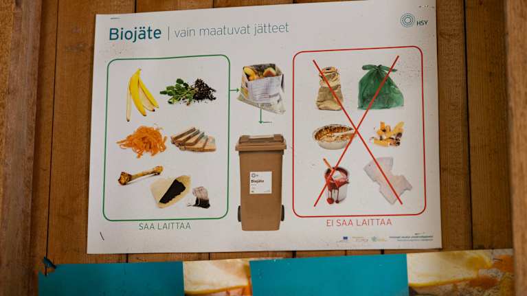 A poster on a wall with Finnish text explaining which items can be placed in a biowaste receptacle.