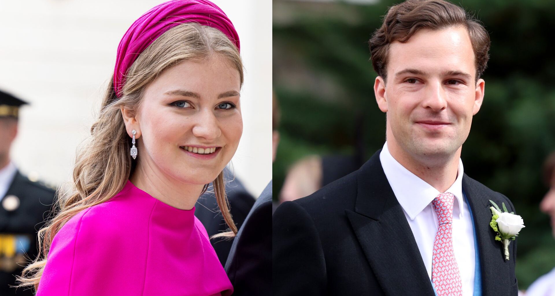 Princess Elisabeth of Belgium smiling in a pink dress and headband; Prince Georg of Liechtenstein wearing a suit and pink tie