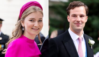 Princess Elisabeth of Belgium smiling in a pink dress and headband; Prince Georg of Liechtenstein wearing a suit and pink tie