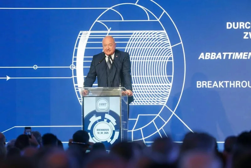 Austrian Chancellor Christian Stocker speaks at the "Breakthrough Ceremony of the Exploratory Tunnel" for the Brenner Base Tunnel on the Austrian-Italian border. Johann Groder/EXPA/dpa