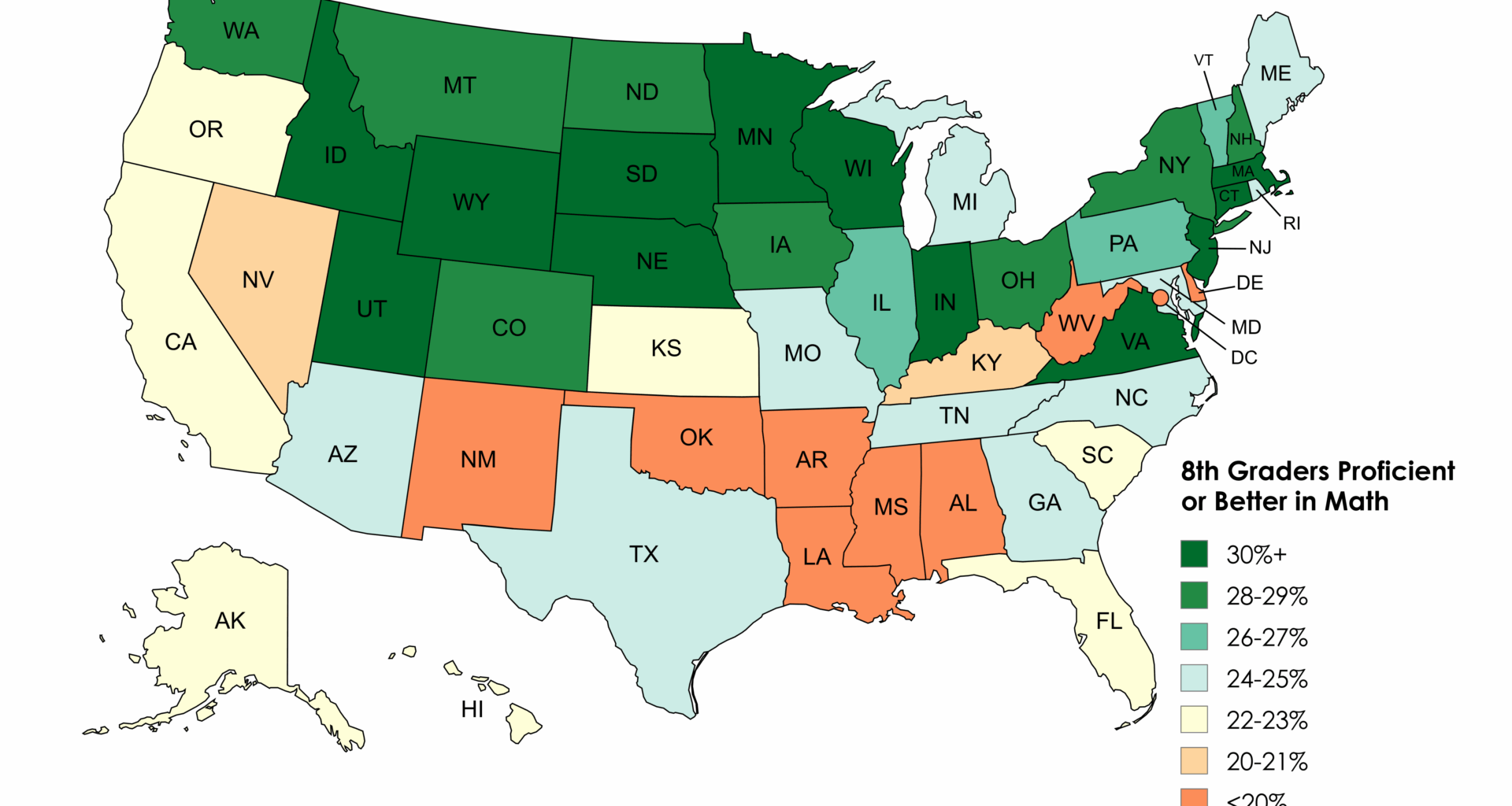 [OC] Percent of 8th Graders Proficient or Better in Math by US State in 2022